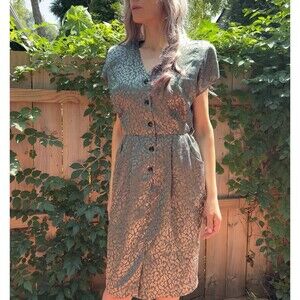 Vintage 80s Metallic Green Jacquard BlousonDress ILGWU Small Fairycore Elven